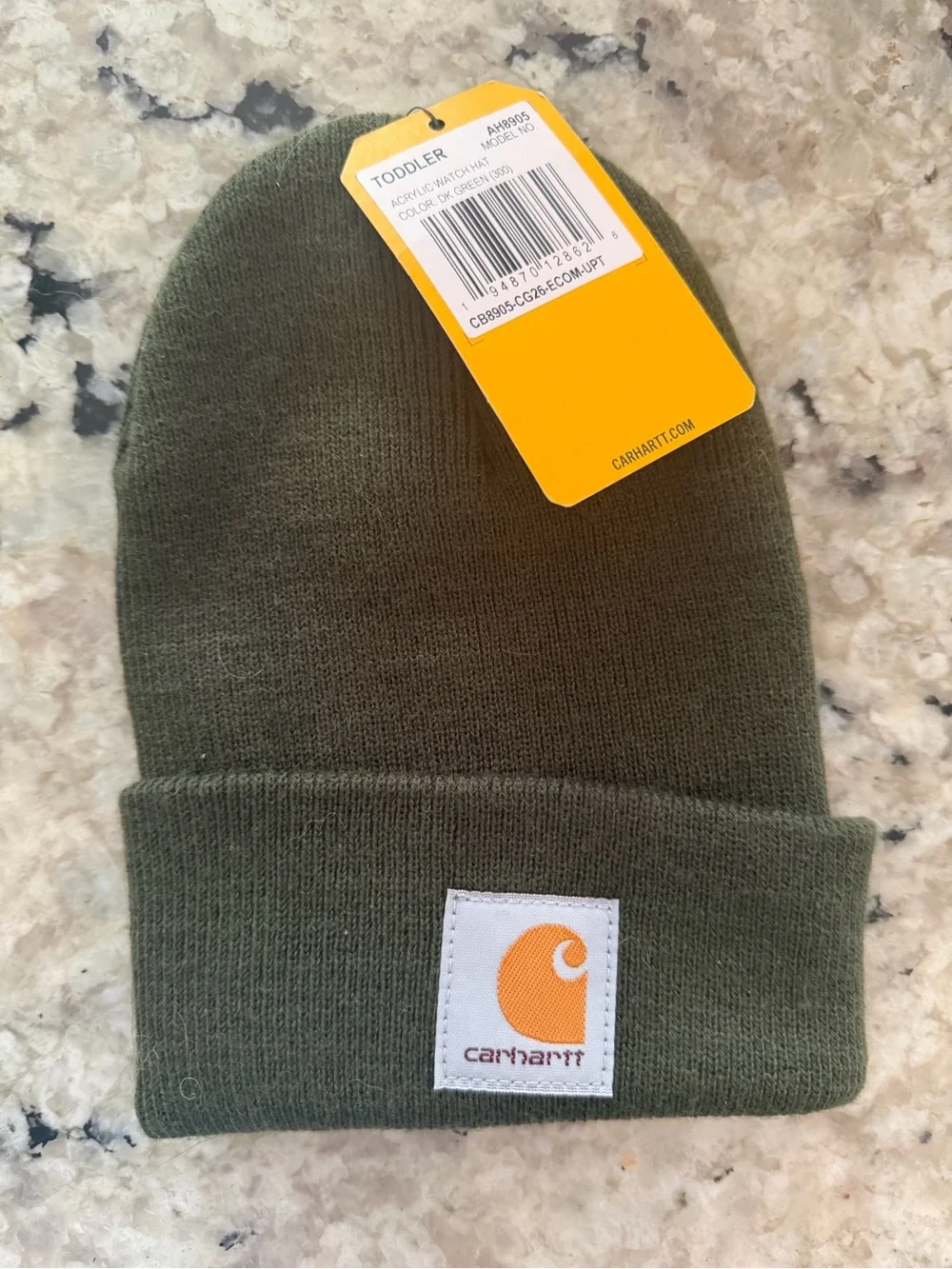Carhartt Olive Green Folded Cuff Beanie with Orange Logo Patch